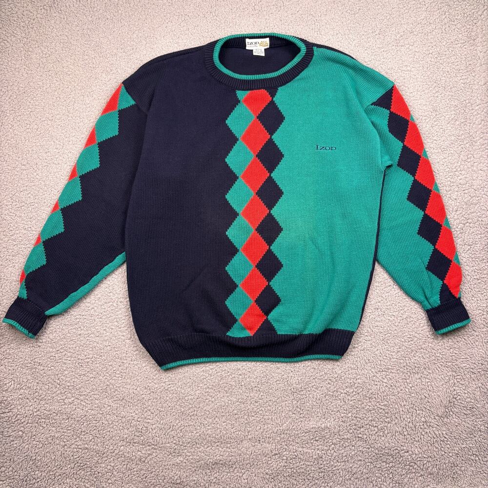 VTG IZOD Club Sweater Mens Medium Blue Colorblock Argyle Preppy Gold Retro